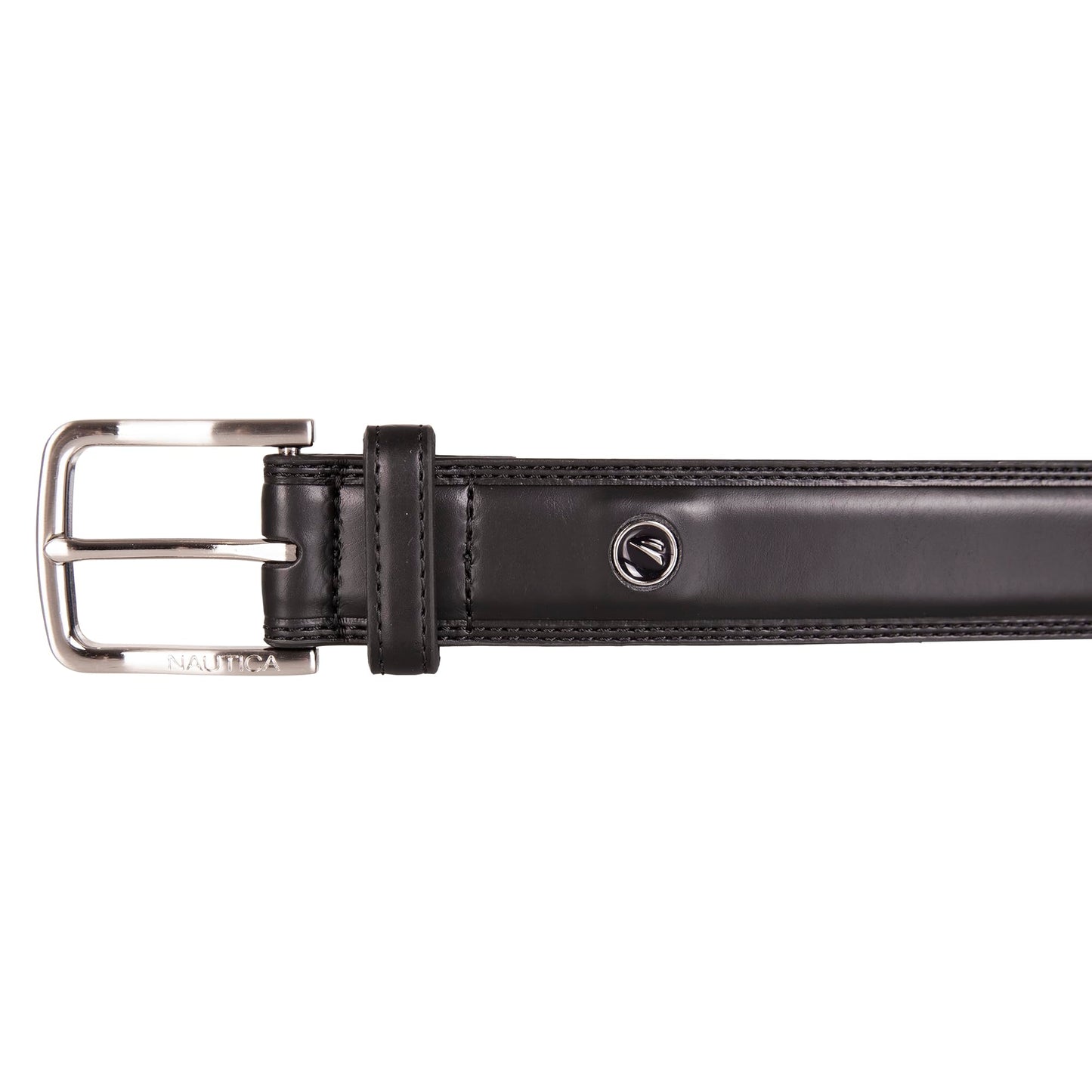 Nautica Men Bold Fashion and Dress Leather Belt with Metal Buckle, Logo Inlay Double Stitch-Black, 36"