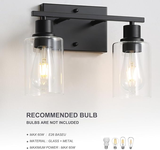 2-Lights Wall Lighting Matte Black Bathroom Vanity Light Fixtures,Vintage E26 Base Sconces with Clear Glass Shades, Farmhouse Modern Wall Lamp for Hallway,Bedroom,Living Room