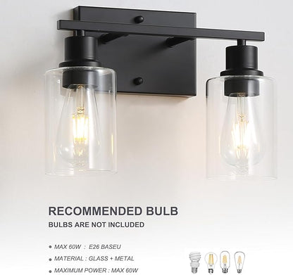 2-Lights Wall Lighting Matte Black Bathroom Vanity Light Fixtures,Vintage E26 Base Sconces with Clear Glass Shades, Farmhouse Modern Wall Lamp for Hallway,Bedroom,Living Room