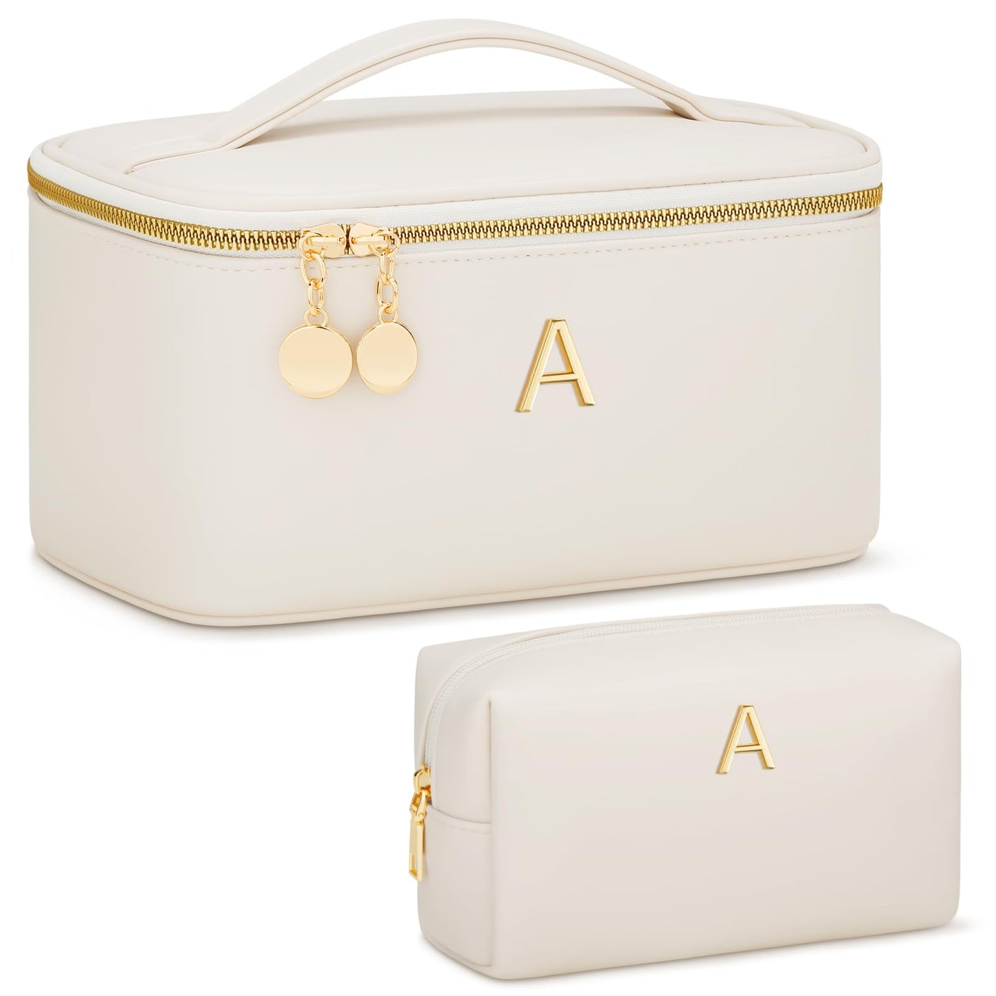 CLOUDWINGS Personalized Initial Makeup Bag Gifts for Women, Large Travel Cosmetic Organizer with Handle & Divider, PU Leather Toiletry Bag for Girls, Birthday Bridesmaid Gift Set - Beige - A