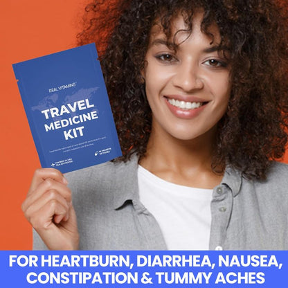 Travel Medicine Kit - 16 Pcs Individually Wrapped Packets of Ibuprofen, Bismol, Sodium Bicarbonate & Antacids - TSA-Approved Medicine Variety Pack by Real Vitamins (1 Kit)