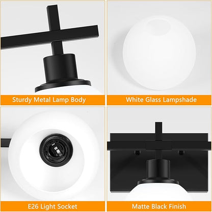 Modern Vanity Lighting Fixtures,3-Light Black Bathroom Lighting Fixtures Over Mirror，Bathroom Wall Mounted Vanity Light with Milky White Glass Lampshade for Living Room，Bedroom，Hallway