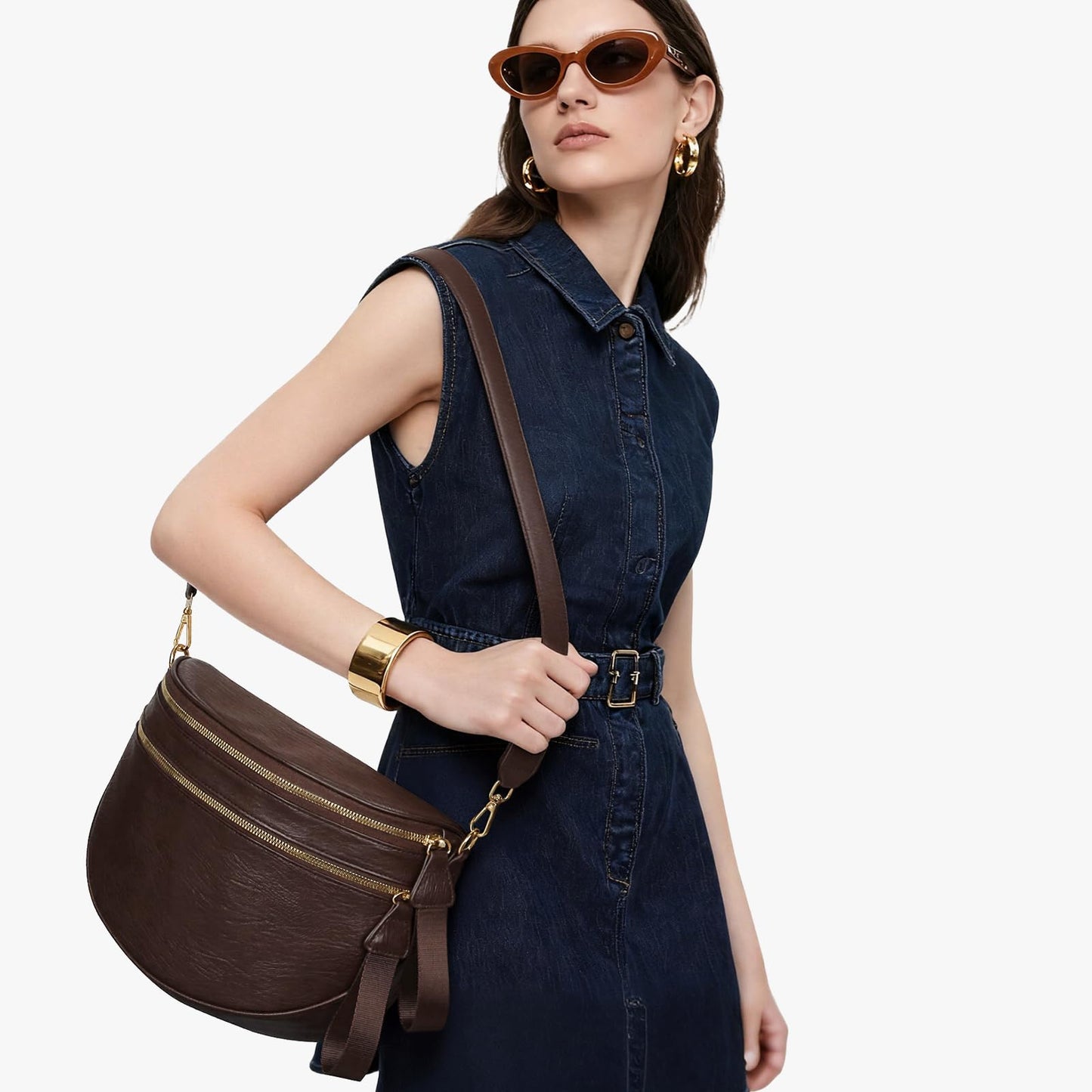 Leather Crossbody Fanny Pack Trendy Bum Bag Double Zip Multi Compartment with 2 Adjustable Straps Daily Belt Purse for Women