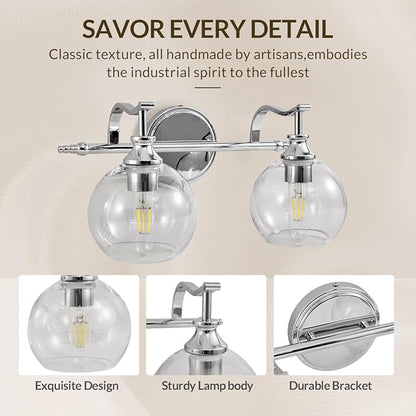 ANDY STAR Chrome Bathroom Light Fixture, 2-Light Modern Vanity Lights, Modern Wall Sconce with Clear Globe Glass Shades, Industrial Wall Lamp with Curved Arm for Bathroom, Powder Room, Over a Mirror