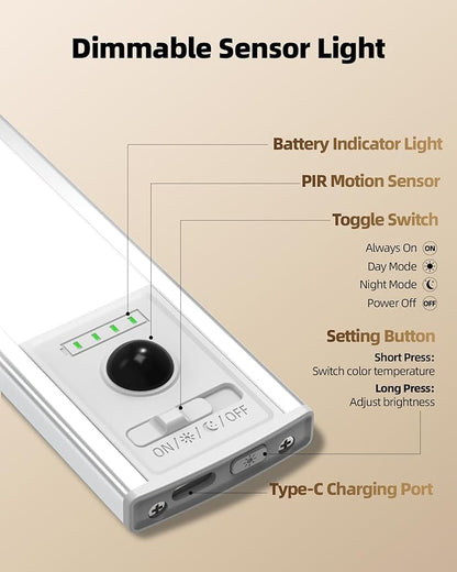 EZVALO 3 Pack Under Cabinet Lighting Wireless with Battery Indicator, 2000mAh Rechargeable Motion Sensor Light Indoor, 10inch 80 LED Under Counter Lights for Kitchen Closet, 3 Color Temps, Dimmable