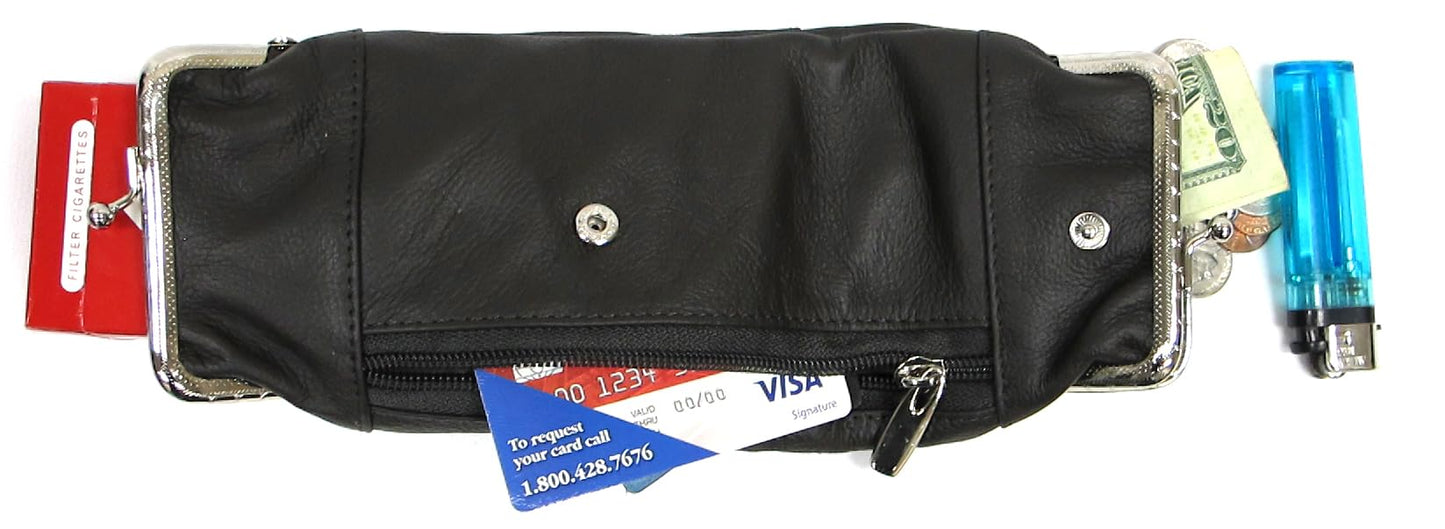 Deluxe Genuine Leather Cigarette and Lighter Case with Zipper Pocket Twist Clasp Kiss Lock Closure Fit 100's - Black
