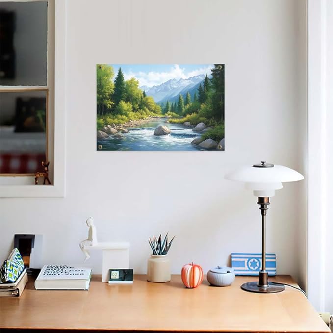 Yesad Serene Nature Wall Art, Landscape Canvas Wall Art Forest Pictures Prints Mountain Painting Scenery Poster Wall Décor for Farmhouse Living Room Bedroom (Unframed,18”x12”,Stream)