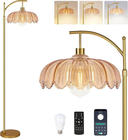 Gold Floor Lamp for Living Room,Bedroom,Mid Century Modern Standing Lamp with Remote,Dimmable Brass Tall Lamp Amber Glass Vintage Retro Arc Floor Lamps Flower Floor Light Boho Bohemian