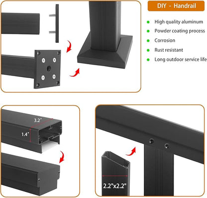 Outdoor Stair Railing Kit with LED Lighting - Aluminum Handrail for 3-4 Steps, Waterproof & Easy Install for Deck, Porch, Garden