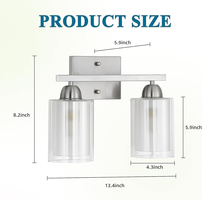 Stainless Steel Bathroom Vanity Light Over Mirror, 2 Light Brushed Nickel Bathroom Light Fixtures with Milk Glass and Clear Glass Shades, Modern Vanity Lighting Wall Mount
