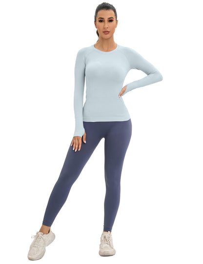 MathCat Workout Shirts for Women Long-Sleeved Athletic Shirt Running Breathable Seamless Yoga Tops Light Blue
