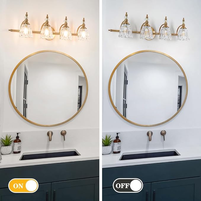 Gold Bathroom Light Fixtures 4 Lights, Antique Brass Vanity Light, Vanity Light Over Mirror, Vintage Bathroom Light with Clear Flower Glass, Lights for Wall Interior Hallway