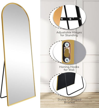 Arched Floor Mirror, 57 "x 20" Full Length Mirror Wall Mirrors Hanging or Leaning Arched-Top Full Body Mirrors with Stand for Bedroom, Dressing Room, Gold