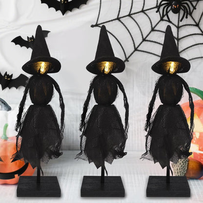 DIYDEC Witch Decorations Indoor 3pcs Primitive Halloween Witch on Wooden Stand with LED Halloween Table Centerpieces Signs for Home Shelf Mantels Kitchen Indoor Decorations Gifts
