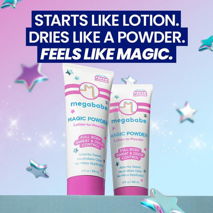 Megababe Sweat & Odor Absorbing Lotion - Magic Powder Stay-Dry Lotion to Powder | Summer and Hot Weather Essential | Aluminum-Free, Talc-Free | 3 fl oz