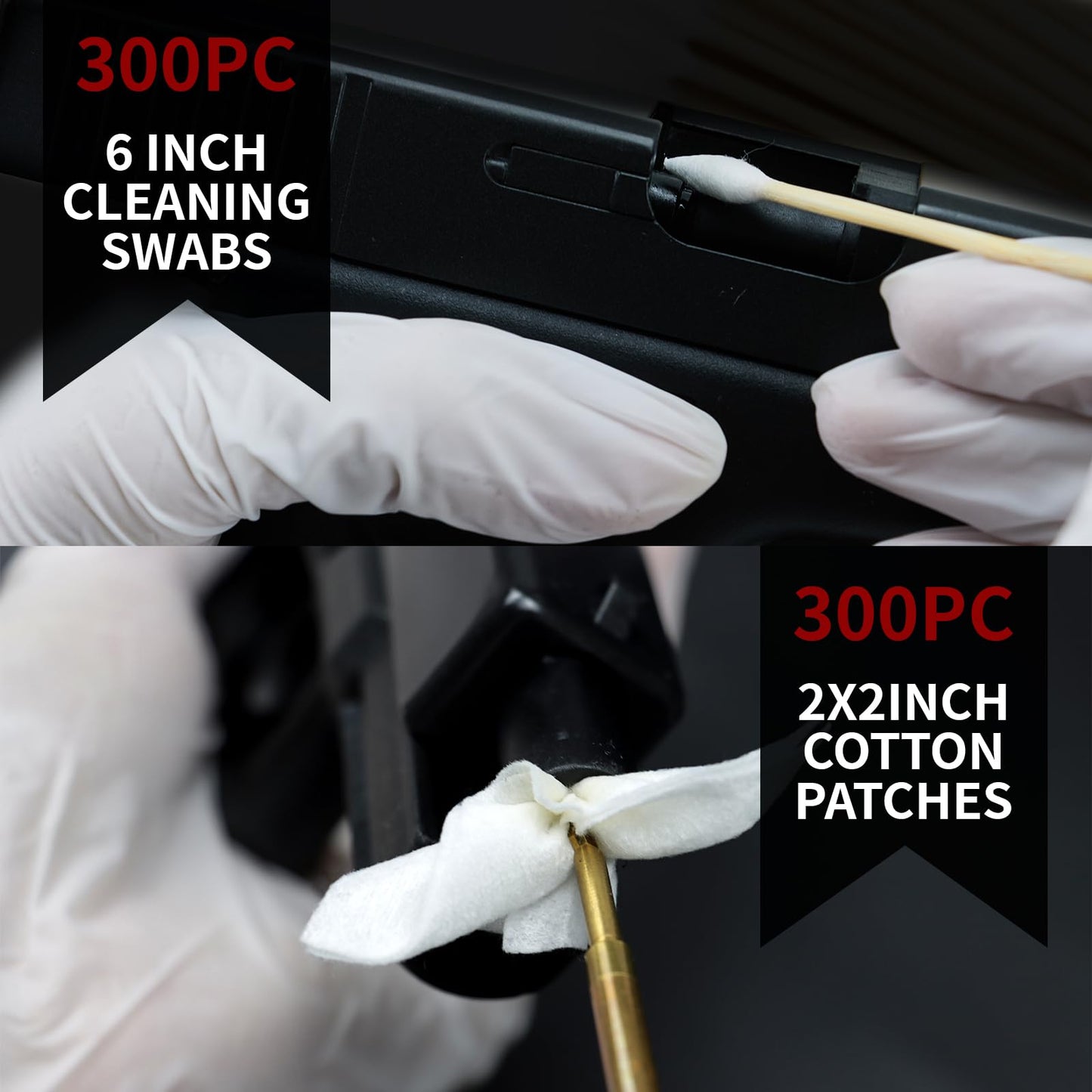 PINGMIC Gun Cleaning Supplies - 300PCS Gun Cleaning Patches and 300PCS Gun Cleaning Swabs, 6-inch Pointed Gun Swabs, 2" x 2" Lint Free Gun Patches - Fit Most Calibers Gun Cleaning Kit Supplies