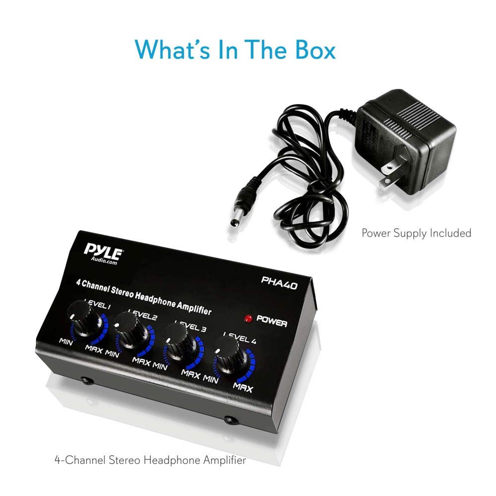 4-Channel Portable Stereo Headphone Amplifier - Professional Multi Channel Mini Earphone Splitter Amp w/ 4 ¼” Balanced TRS Headphones Output Jack and 1/4" TRS Audio Input For Sound Mixer - Pyle PHA40 BLACK