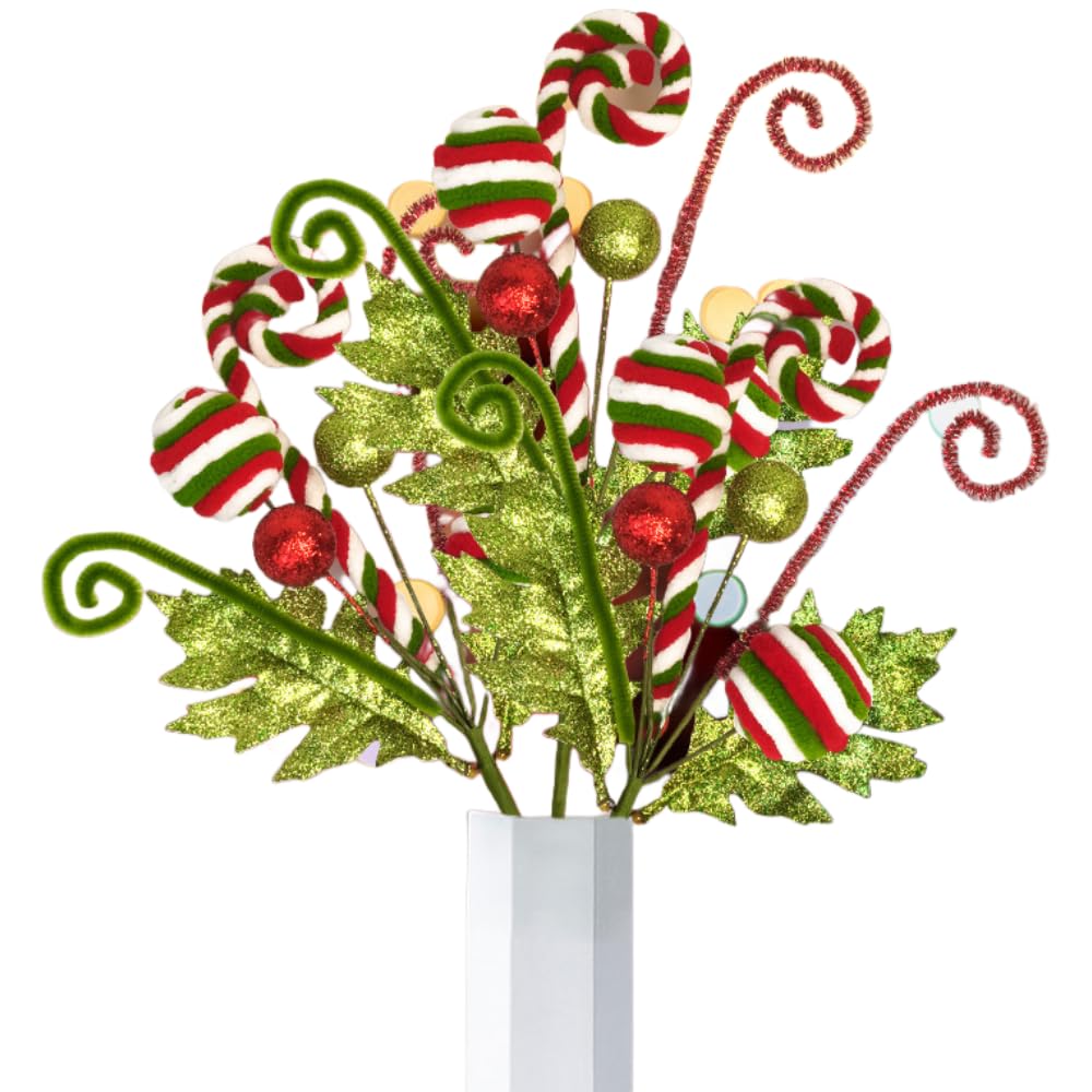 RSACCSKY 3 Pack Artificial Christmas Floral Picks Lime Green Red Berry Stems Xmas Tree Branches with Glitter Ball for Party Flower Arrangement Centerpieces (Green)