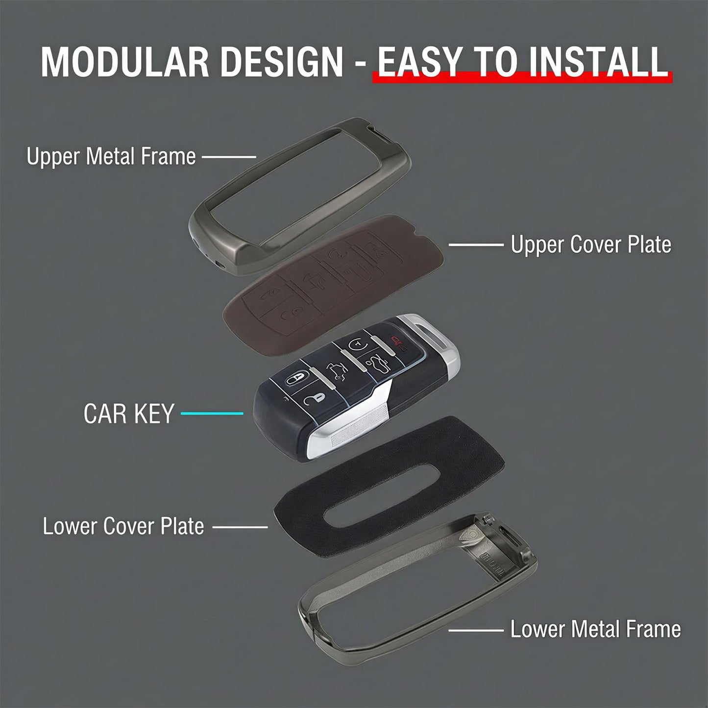 Zinc Alloy Car Key Fob Cover Compatible with 2019-2025 RAM 1500 2500 3500, Metal & Leather Remote Key Case Protector, Full Coverage Hard Shell Holder with Keychain Accessories (B-5-btns-Brown)