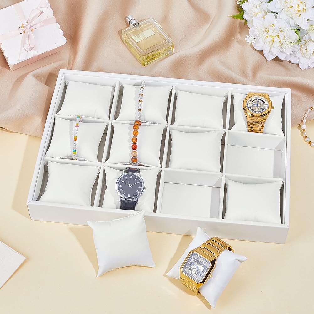 PH PandaHall Leather Watch Tray, White 12 Grid Watch Organizer Jewelry Tray Stackable Bracelet Bangle Display Case Holder Jewelry Show Trays Watch Drawer Organizer for Men Women Watches