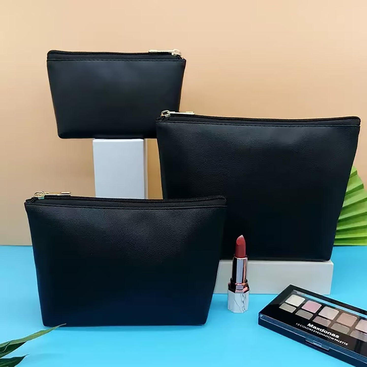 lllyan 3 Pcs Makeup Bag Set for Women Black Soft Leather Travel Cosmetic Bag Make Up Pouch Small Travel Zipper Pouch,Water-resistant Makeup Organizer Bag for Women（Flat black）