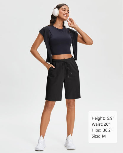 Stelle Women's Cotton Bermuda Shorts 10" Long Knee Length Comfy Sweat Shorts with Deep Pockets Lounge Casual Summer (Black, XL)