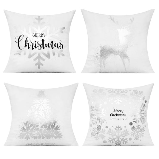 All Smiles White Silver Christmas Throw Pillow Covers Cases 18X18 Set of 4 Winter Xmas Navidad Decorations Indoor Home Holiday Décor Ornaments Velvet Cushion for Sofa Tree Snowflake Reindeer
