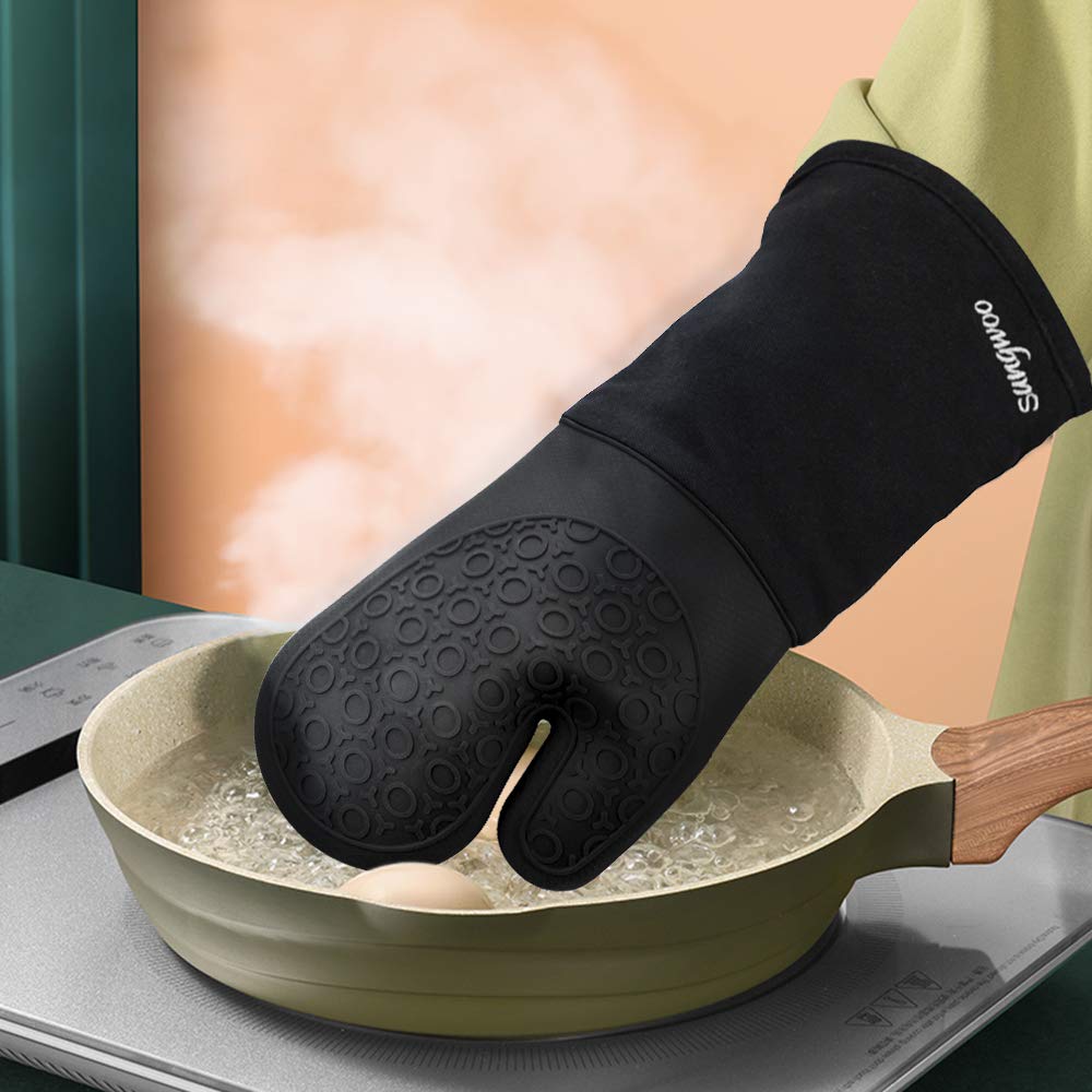 sungwoo Extra Long Silicone Oven Mitts, Heat Resistant Oven Gloves with Quilted Liner Non-Slip Textured Grip Perfect for BBQ, Baking, Cooking and Grilling - 1 Pair 14.6 Inch Black