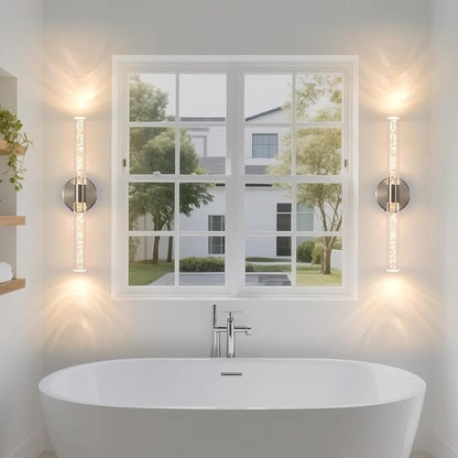 Modern LED Battery Operated Wall Sconces Set of Two, Dimmable Bathroom Crystal Wall Sconce, USB Rechargeable Brushed Nickel Vanity Wall Lamp, Bubble Wall Lights For Bedroom, Living Room. 20-Inch