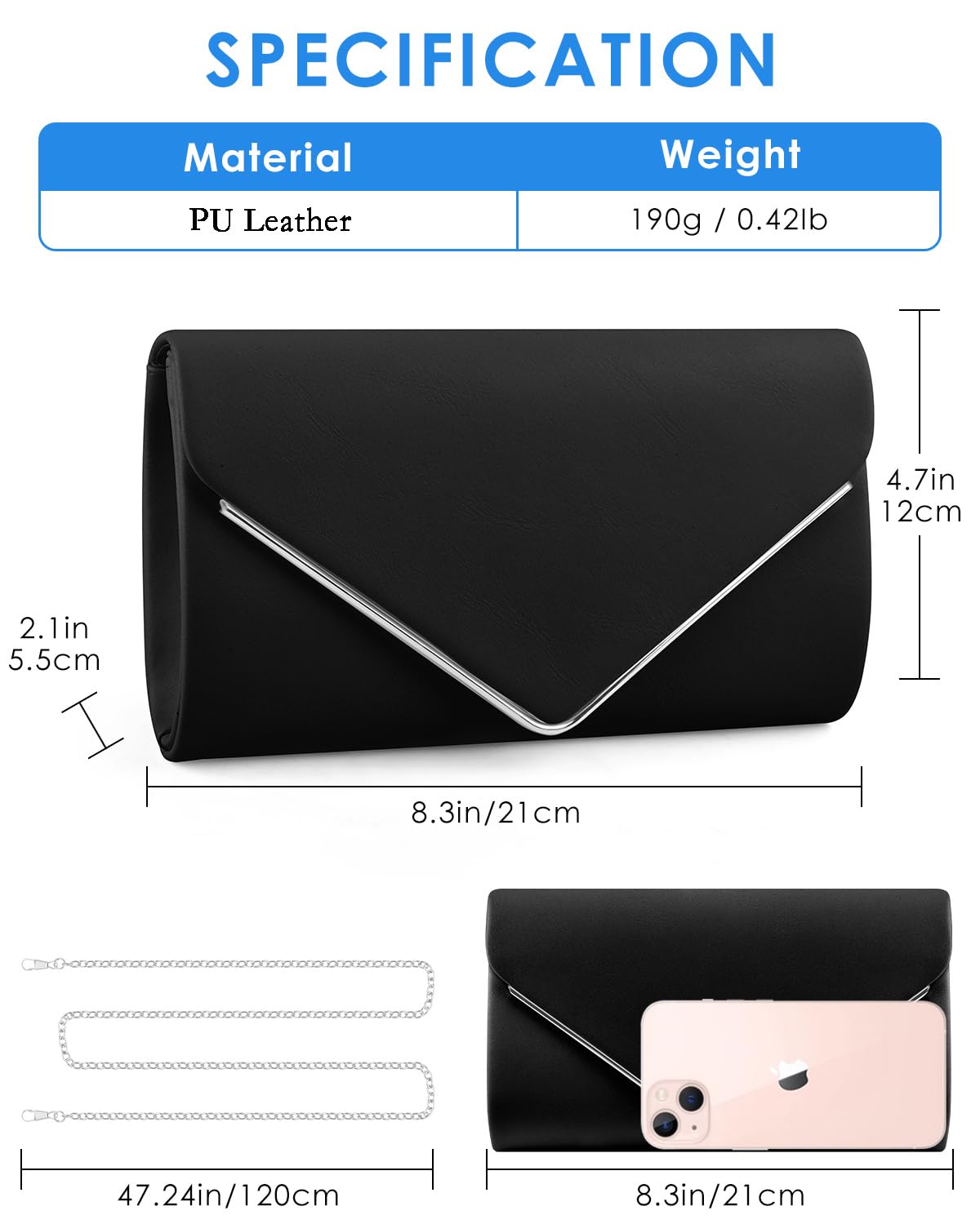 TINDTOP Clutch Purses for Women, PU Leather Formal Evening Bags Shoulder Party Handbags Wedding Cocktail Prom Clutches (Black)