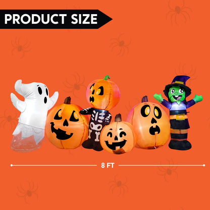 Joiedomi 8 ft Long Halloween Inflatable Three Characters and Pumpkin Patch Outdoor Decoration, Blow Up Inflatables Witch Ghost Skeleton Yard Decorations with LEDs for Party Yard Lawn Garden Decor