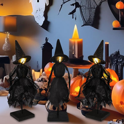 DIYDEC Witch Decorations Indoor 3pcs Primitive Halloween Witch on Wooden Stand with LED Halloween Table Centerpieces Signs for Home Shelf Mantels Kitchen Indoor Decorations Gifts