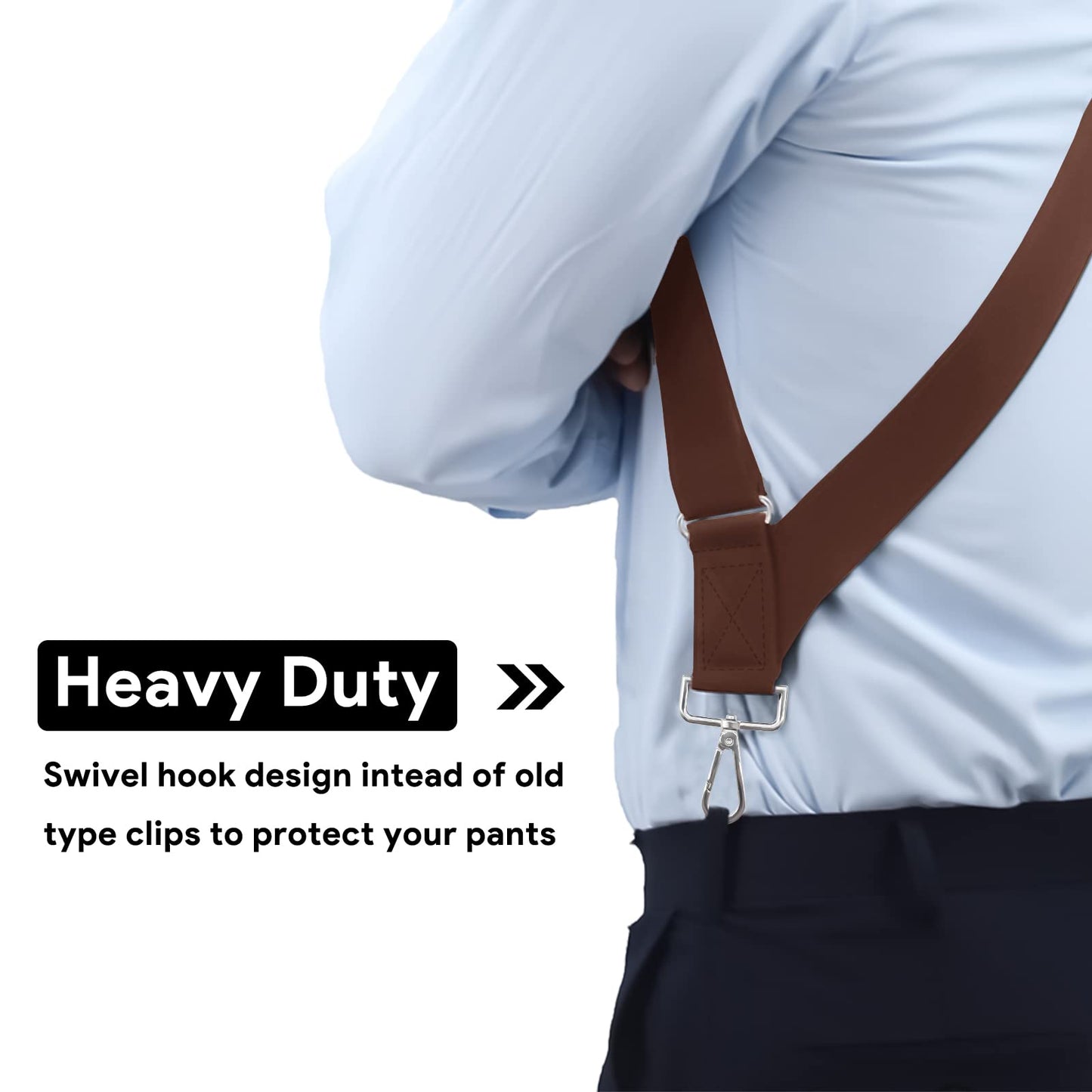 JTCMOJS Side Clip Suspenders for Men Heavy Duty X Back Braces Faux Leather Brown Suspenders for Men Big and Tall