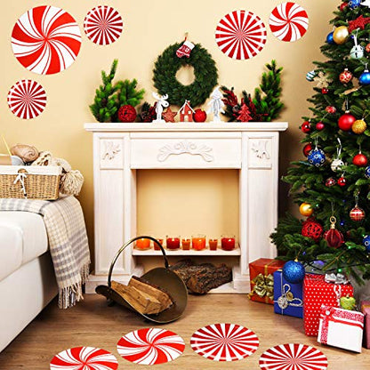 Outus 24 Pieces Christmas Peppermint Floor Decals Stickers for Christmas Decoration Candy Party Supply Red and White Large Decals for Floors, Windows, Counters and Walls