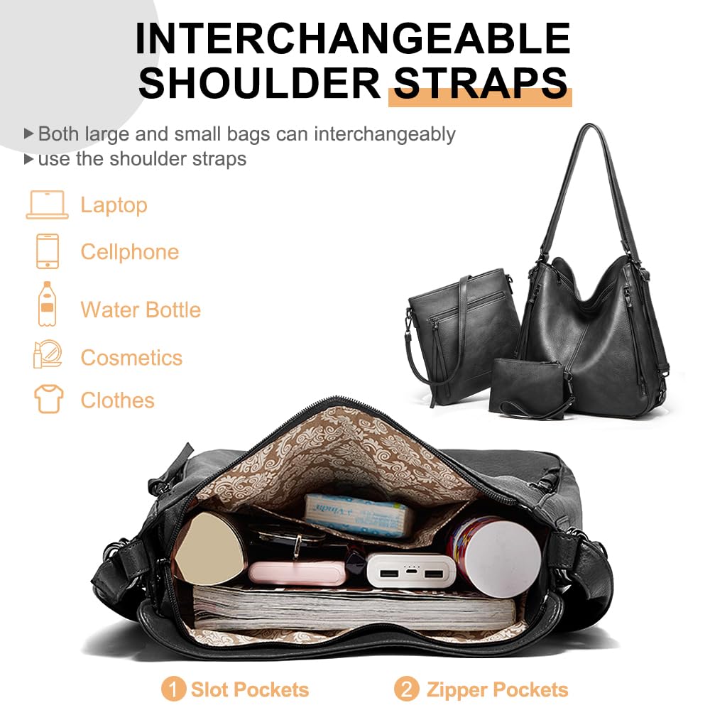 PU Leather Purses 3PCS, Hobo Crossbody Bags Set for Women, 3 in 1 Convertible Backpack for Ladies Shoulder Bags satchel Bags (Black)
