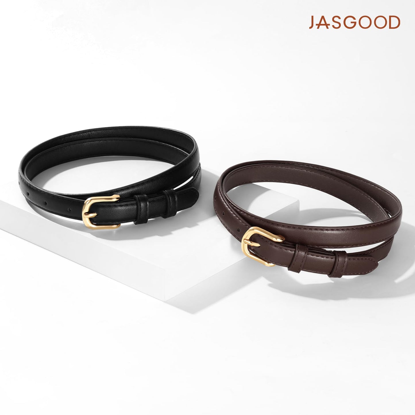 JASGOOD 2 Pack Women Skinny Belt with Gold Buckle Fashion Faux Leather Thin Belt for Jeans Pants,Black+Dark Brown