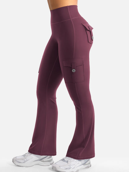 YEOREO CoreFlex Women Workout Flare Leggings with Pockets Scrunch Cargo Gym Yoga Leggings Black Cherry M