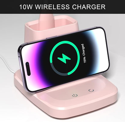 Desk Lamps for Home Office, LED Desk Lamp with Wireless Charger Pencil Holder, 3 Color Modes Dimming Desk Light for College Dorm Room, Girls Study Lamp with CRI 90+ 800 Lumen - Pink