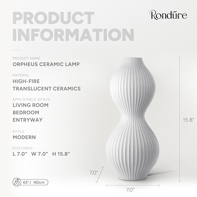 RONDURE 15.8" Modern Ceramic Table Lamp, Modern Bedside Lamps for Bedroom, Living Room and Nightstand, White Translucent Ceramic Shade, Warm Ambient Lighting, Home Decor