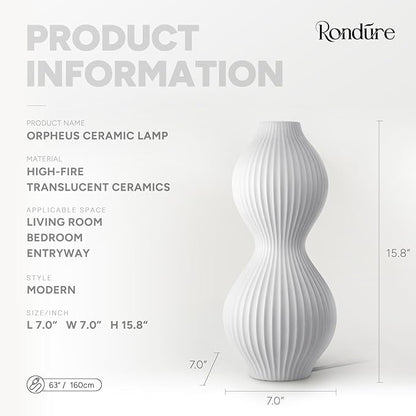RONDURE 15.8" Modern Ceramic Table Lamp, Modern Bedside Lamps for Bedroom, Living Room and Nightstand, White Translucent Ceramic Shade, Warm Ambient Lighting, Home Decor