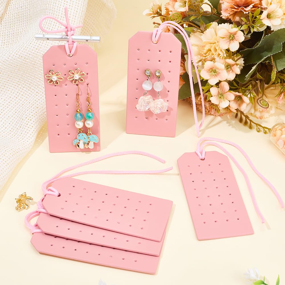 CALFOVERA 6Pcs Rectangle Pierced Stud Display Cards 32 Holes Portable PU Leather Earring Holders 4.3x2.2 Inch Earring Organizer Hanging Case with Cord for Women Travel Jewlery Storage (Pink)