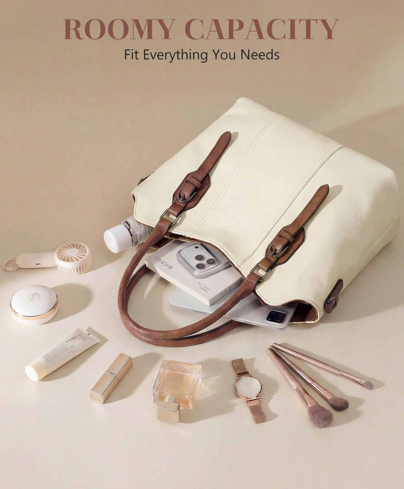 VASCHY Hobo Bags for Women, Vegan Leather Top Handle Satchel Shoulder Purse Handbag Purse with Crossbody Guitar Strap Beige