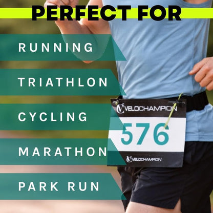 VeloChampion Lightweight Running Belt Waist Pack for Men Women - Elasticated Stretch Fit Race Number Holder - No Pins - 3 Sizes - Run. Triathlon. Cycle. Marathon. Jogging (1, Medium)