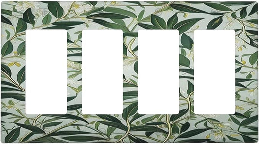 Sage Eucalyptus Leaves Foliage Light Switch Cover 4 Gang Rocker Decora Outlet Covers Wall Plate Decorative Switchplate Electrical Faceplate GFCI for Farmhouse Living Bedroom Decor