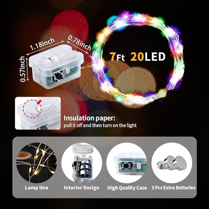 pozzolanas 12 Pack Multi-Colored Fairy Lights Battery Operated 3 Modes 7FT 20 LED Waterproof String Lights Twinkle Silver Wire for Mason Jars Wedding Christmas Halloween Decor (12, Multi-Colored)