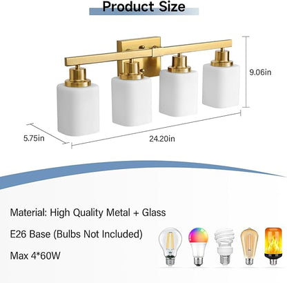 Brushed Gold Bathroom Vanity Light,4-Light Bathroom Light Fixtures with Square Frosted Glass,Gold Bathroom Wall Lamp Sconces for Mirror Bedroom,Living Room Hallway,E26