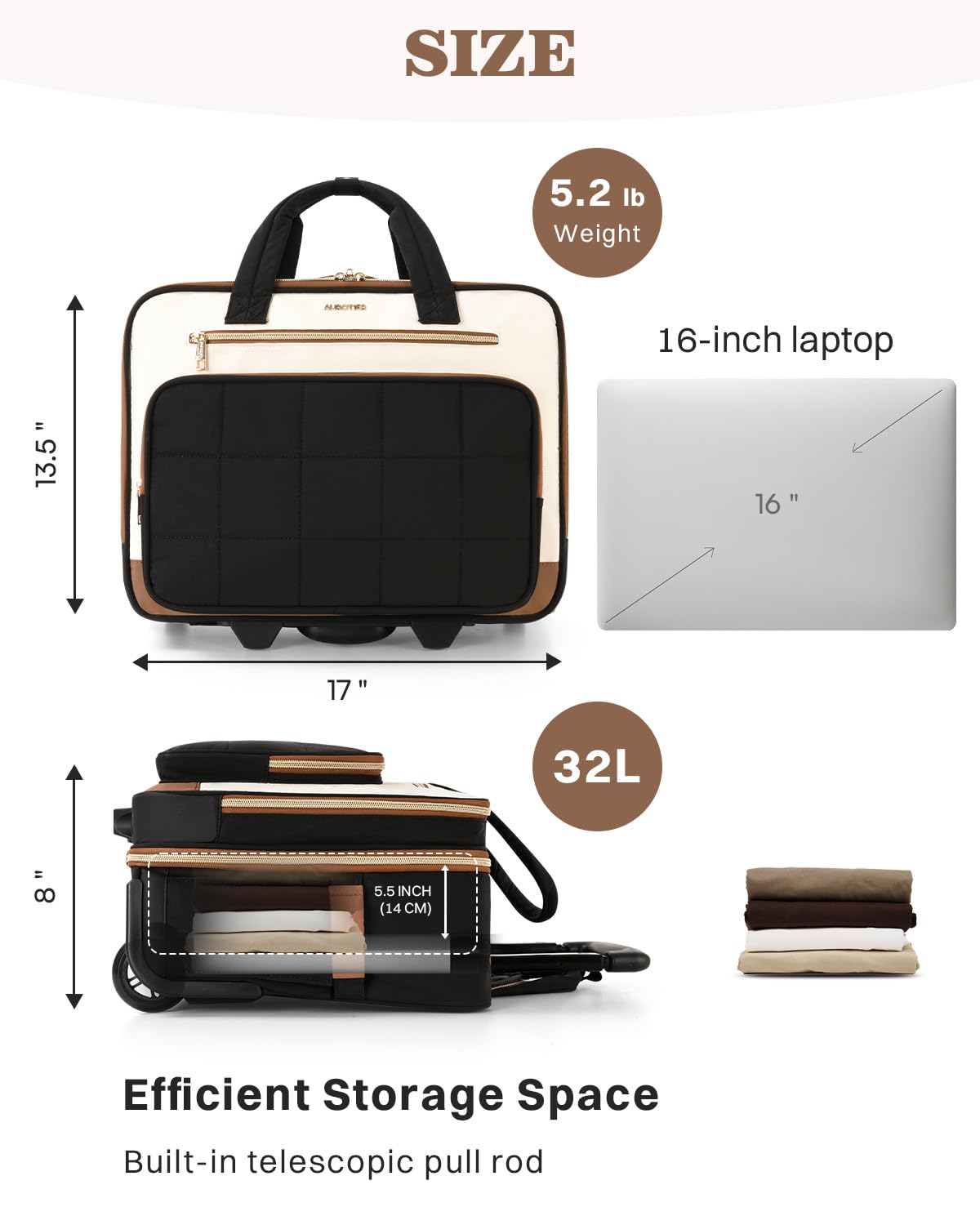 Rolling Puffer Laptop Bag, Rolling Briefcase for Women, Wheeled 16 Inch Computer Bag, Water Resistant Stylish Overnight Underseat Carry On Luggage with Wheels for Work Travel Business, Beige Brown