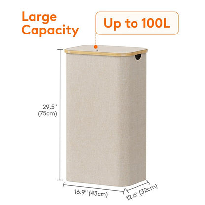 Lifewit 100L Laundry Basket with Lid, Clothes Hampers for Laundry with Bamboo Handles and 1 Removable Bag, Large Foldable Laundry Hamper for Bedroom, Bathroom, Dorm, Laundry Room, Beige
