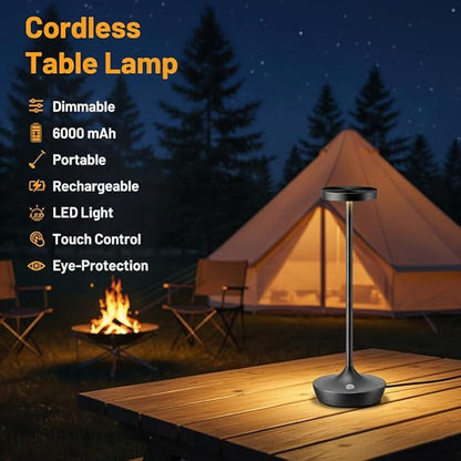 Cordless Table Lamp Rechargeable - 6000mAh LED Battery Operated Table Light - Portable Touch Dimmable Outdoor Waterproof Table Lamps for Patio Restaurant Dining (Black)