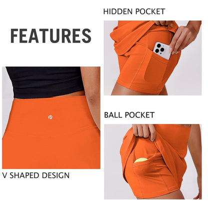 PINSPARK Tennis Skirts for Women High Waisted Athletic Skirt Quick Dry Golf Skort Lightweight Workout Skorts with Pockets Shorts, Orange Small